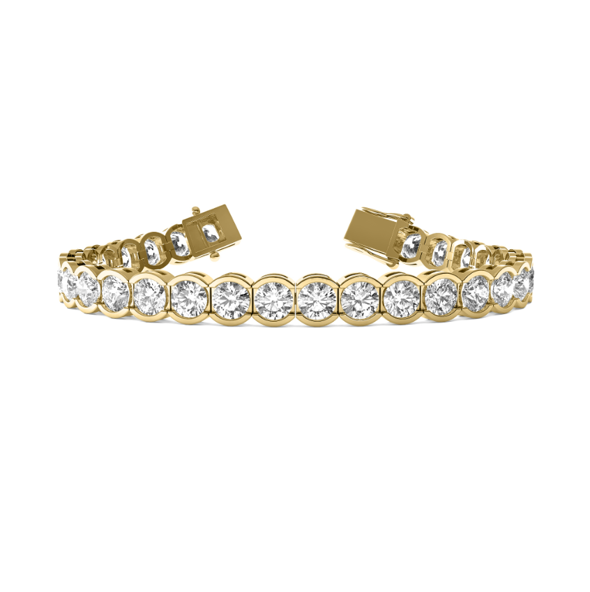A round cut half bezel tennis bracelet.
