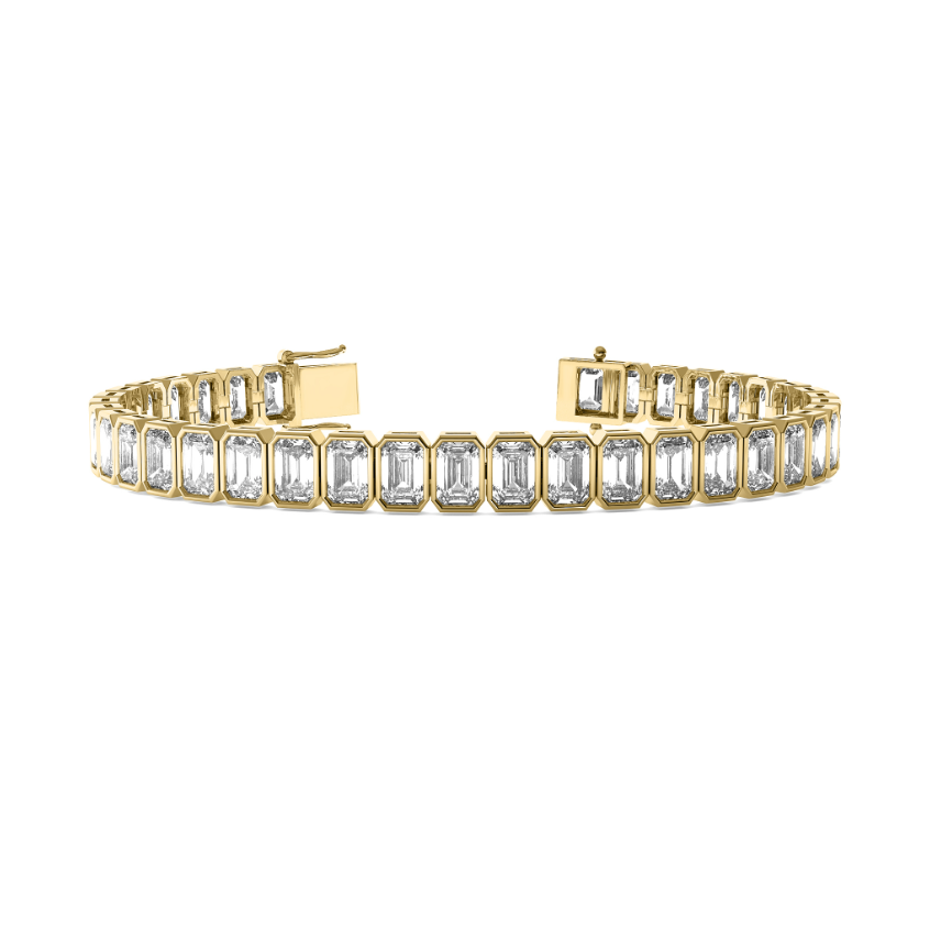 An emerald cut bezel tennis bracelet.